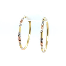 Load image into Gallery viewer, 14k Tri Gold Dot and Line Hoops
