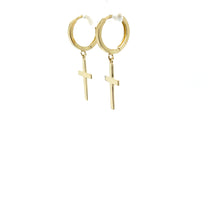 Load image into Gallery viewer, 14k Gold Cross Dangle Huggies .