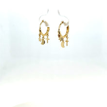 Load image into Gallery viewer, 14k Gold Dangle Moon, Star, Cross Huggies .