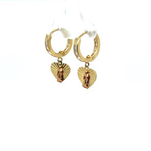 Load image into Gallery viewer, 14k Gold Our Lady of Guadalupe Dangle Heart Earrings .