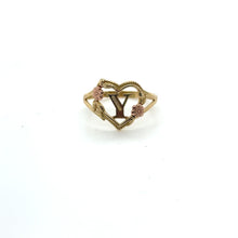 Load image into Gallery viewer, 10K Tri Gold Heart and Flower Initial Ring .