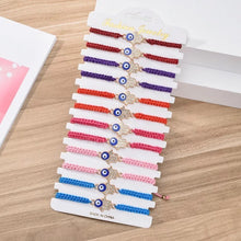 Load image into Gallery viewer, 12 pcs Rope HAMSA hand evil eye bracelet mix color / 12 piezas de pulcera de hilo con mano de Fatima y ojo Turco